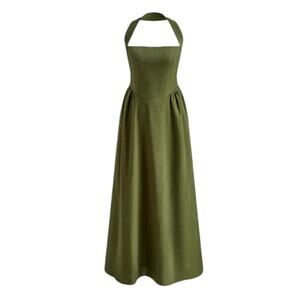 Commense Women's Medium Green Cotton Linen Halter A-Line Long Thick Dress